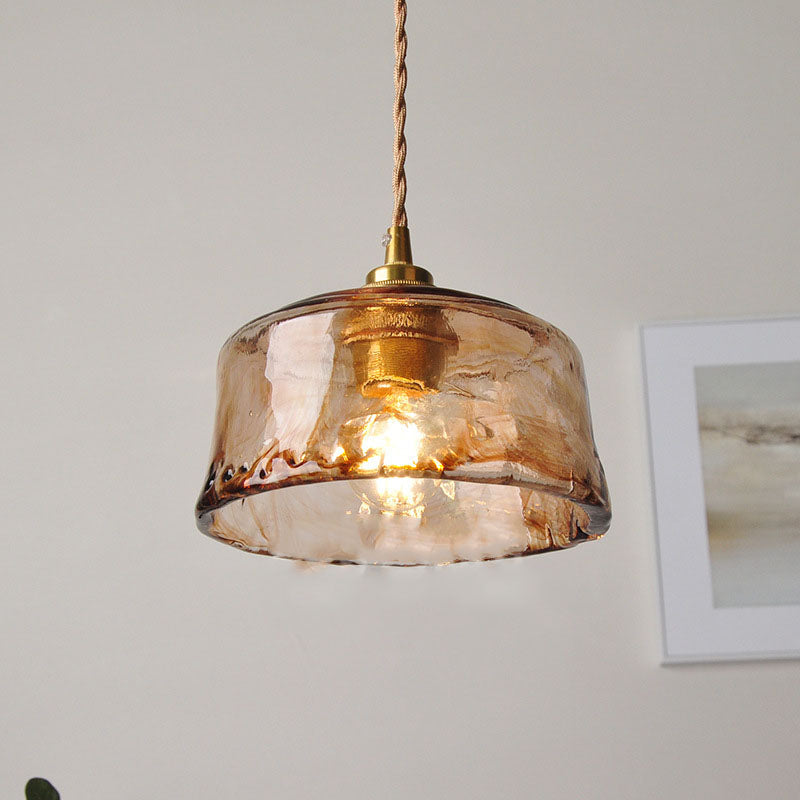 Vintage Amber Round Glass Brass Pendant Light 1-Light