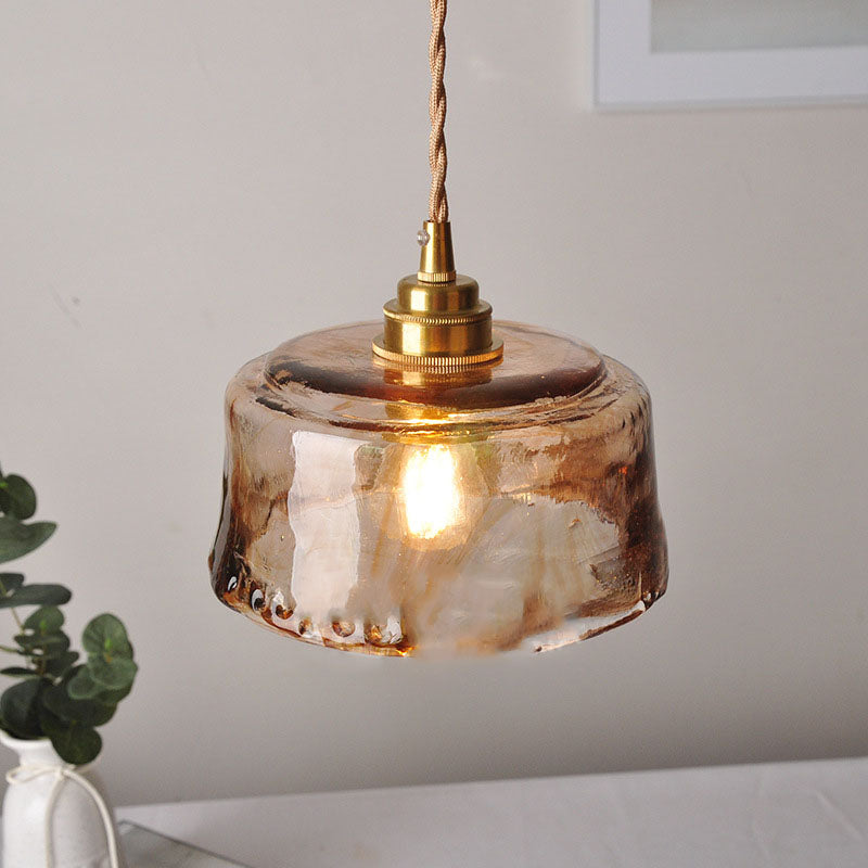 Vintage Amber Round Glass Brass Pendant Light 1-Light