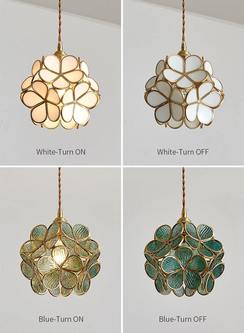 Lampadario vintage in ottone con globo in vetro floreale a 1 luce