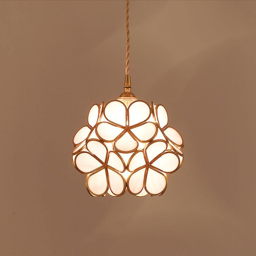 Lampadario vintage in ottone con globo in vetro floreale a 1 luce