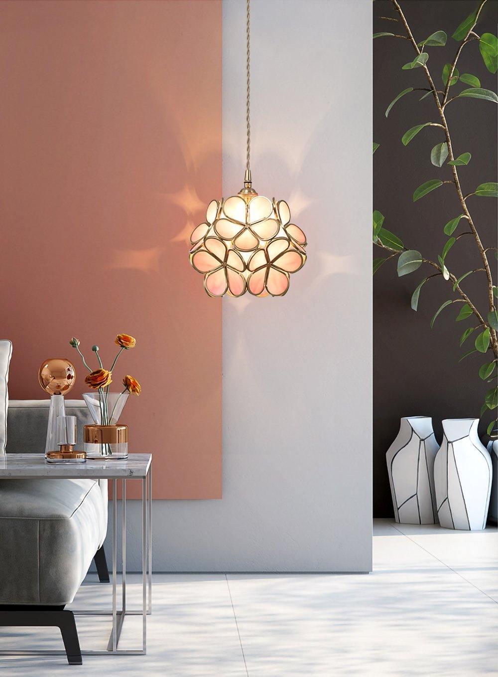 Lámpara colgante vintage de globo floral de vidrio y latón 1 luz