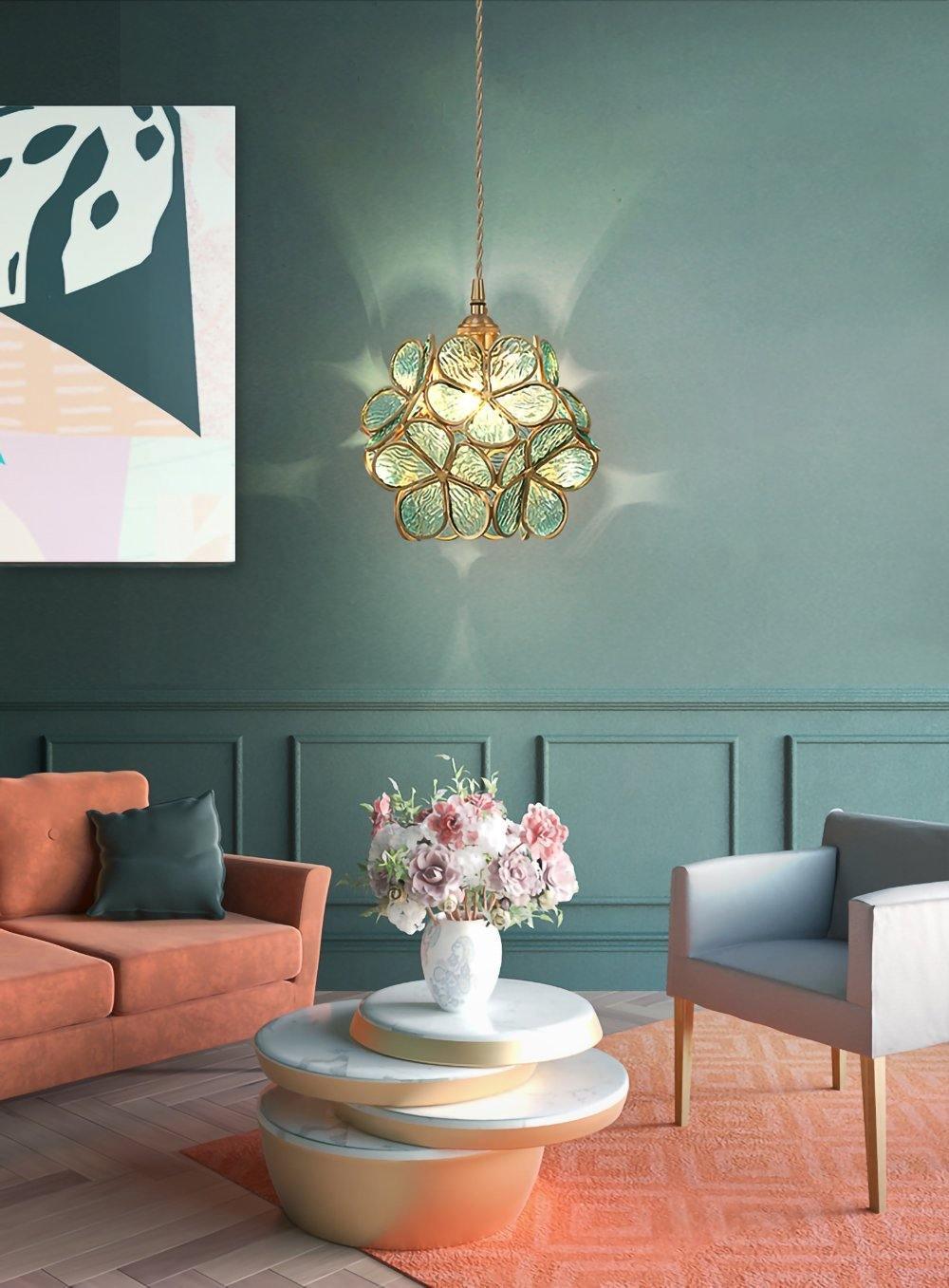 Lampadario vintage in ottone con globo in vetro floreale a 1 luce