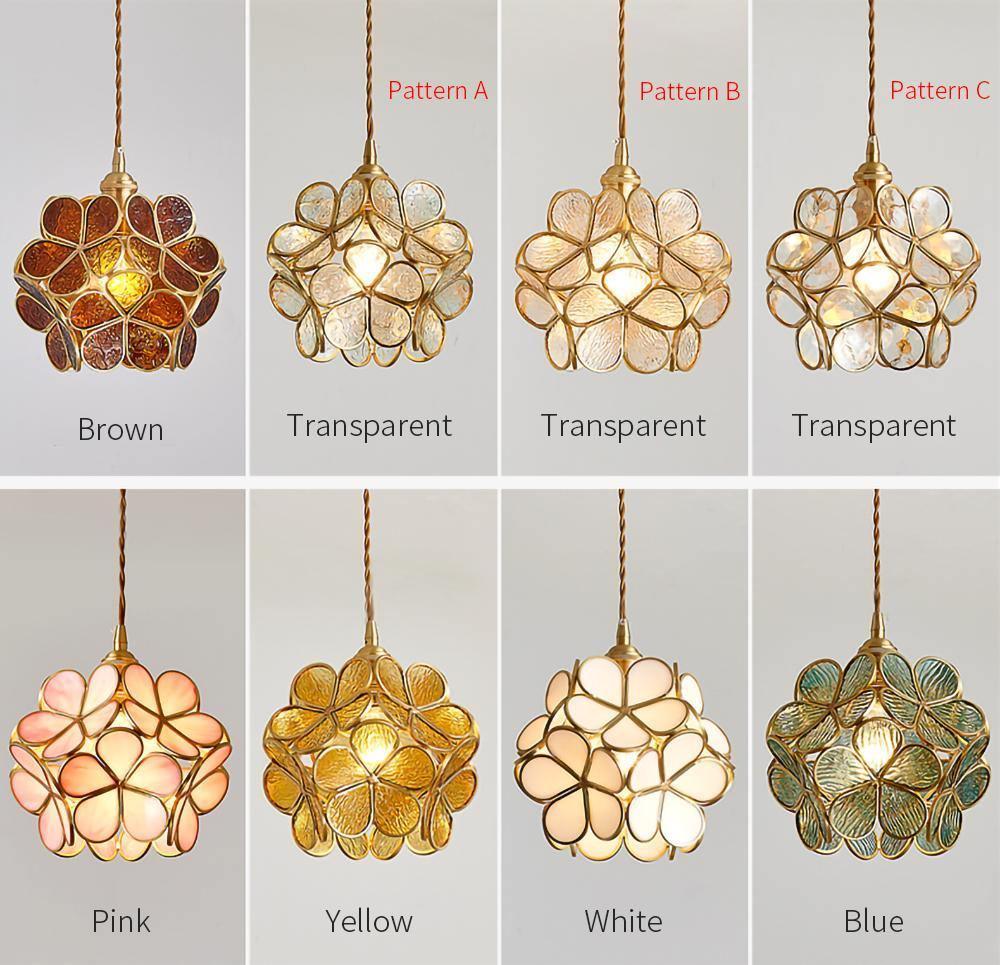 Lampadario vintage in ottone con globo in vetro floreale a 1 luce