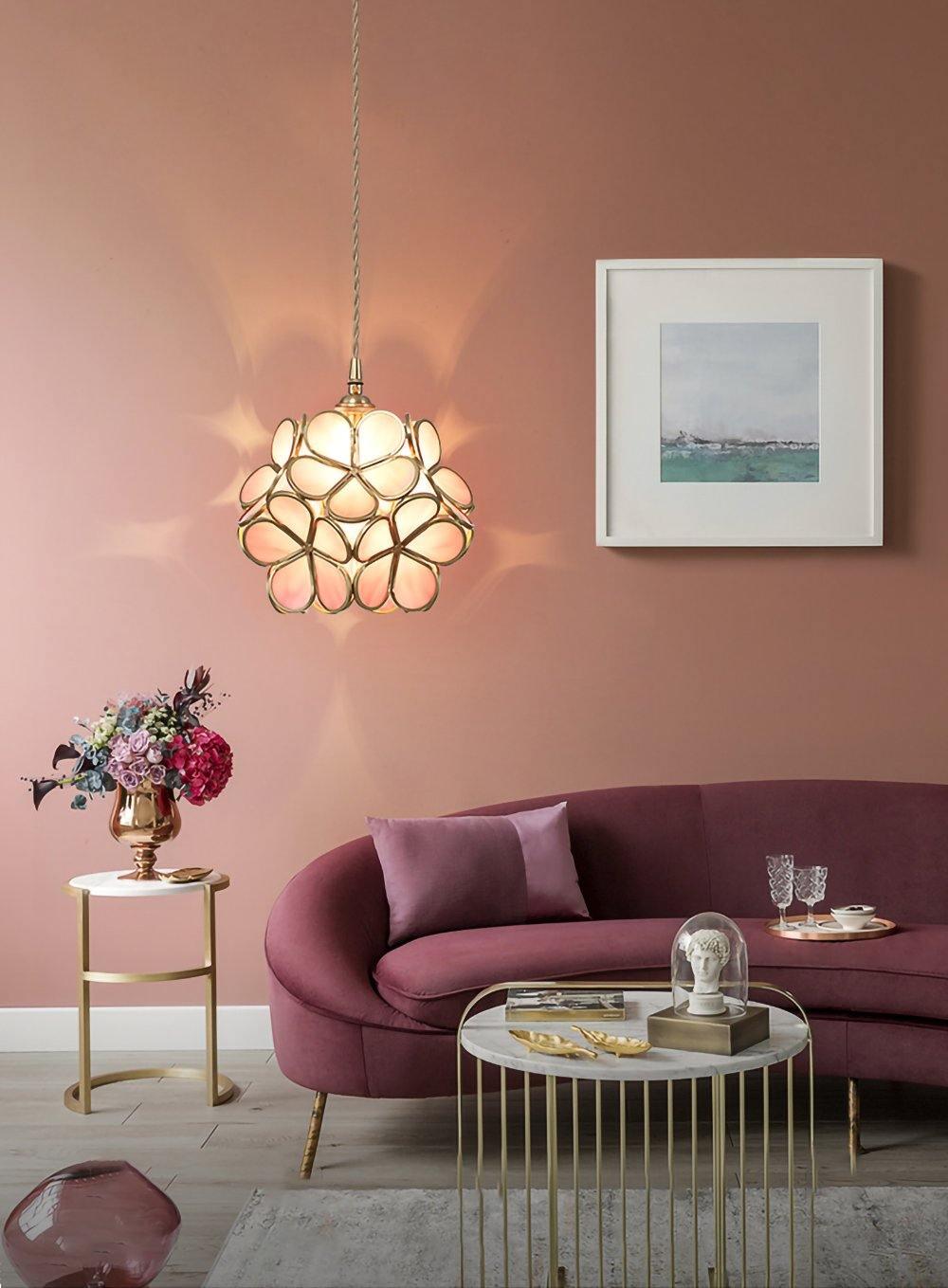 Lampadario vintage in ottone con globo in vetro floreale a 1 luce