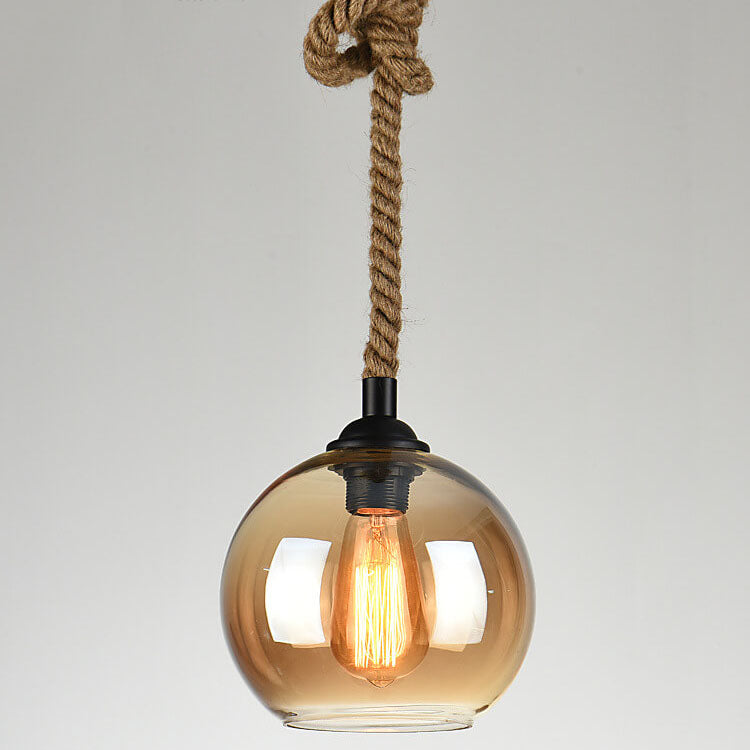 Retro Hanfseil Glas Globus Pendelleuchte 1-flammig