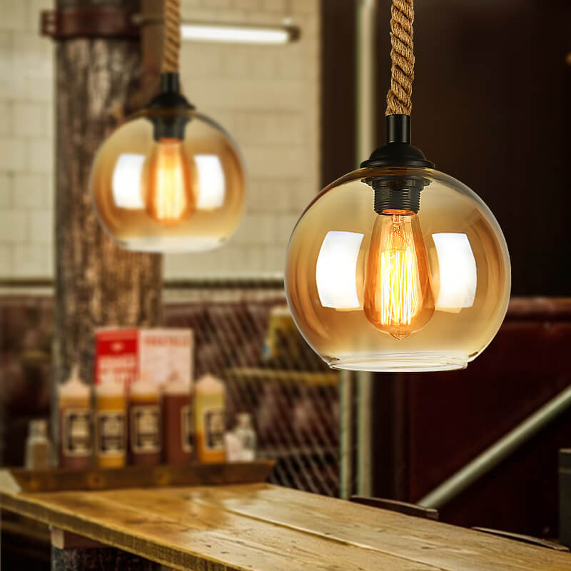 Retro Hanfseil Glas Globus Pendelleuchte 1-flammig