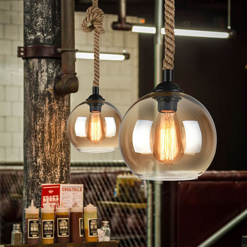 Retro Hanfseil Glas Globus Pendelleuchte 1-flammig
