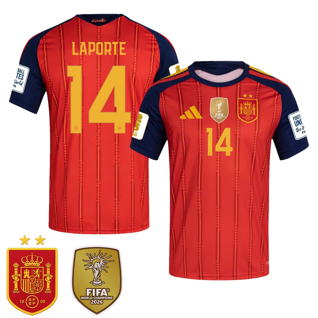 Camiseta local masculina de España campeona del Mundial 2026 con dos estrellas – Aymeric Laporte #14