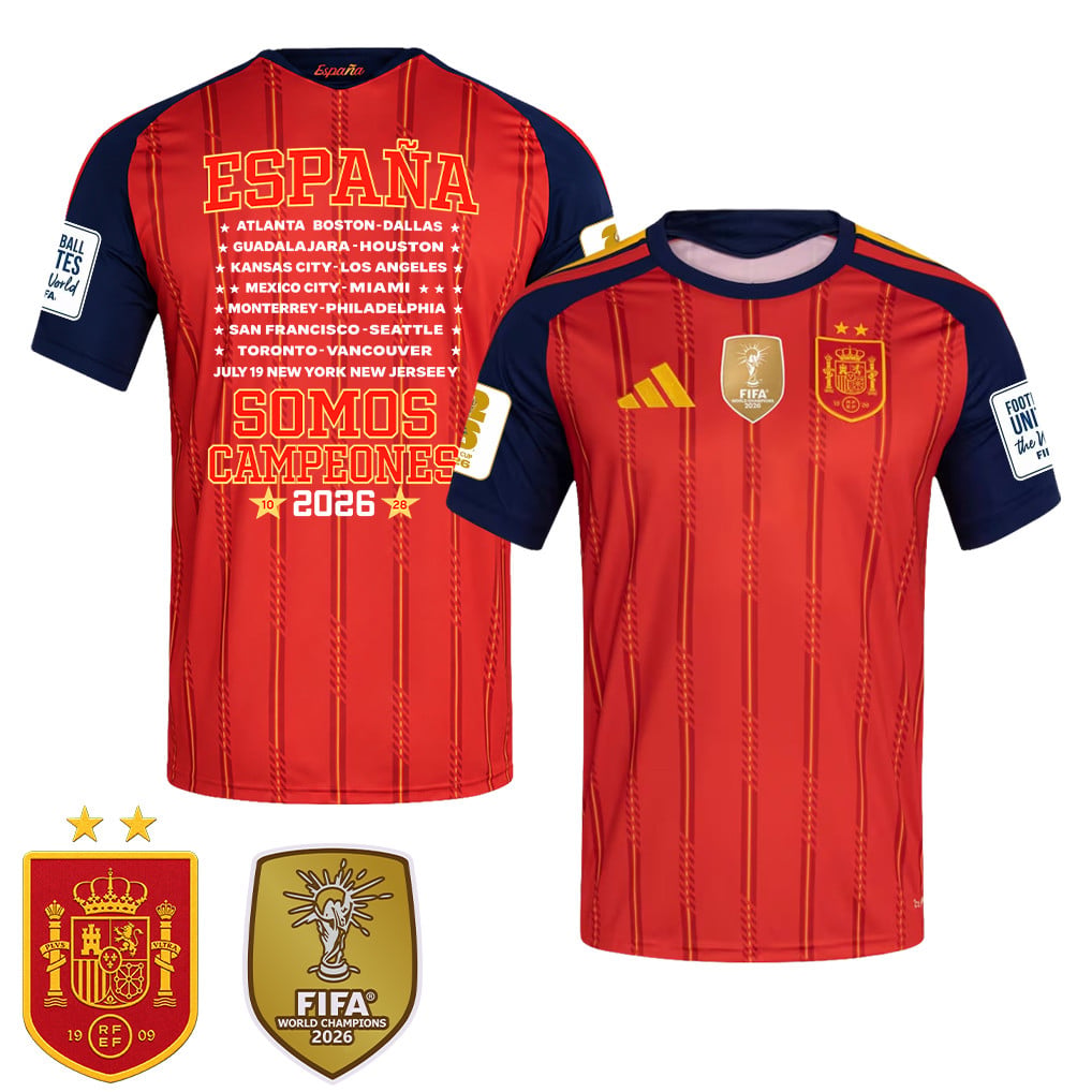 Spanje 2026 Twee-Ster Wereldkampioenen Spanje Wij Zijn Kampioenen Heren Thuisshirt