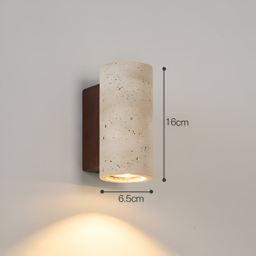 Japandi Travertin-Holz Zylinder LED-Wandleuchte 1-flammig