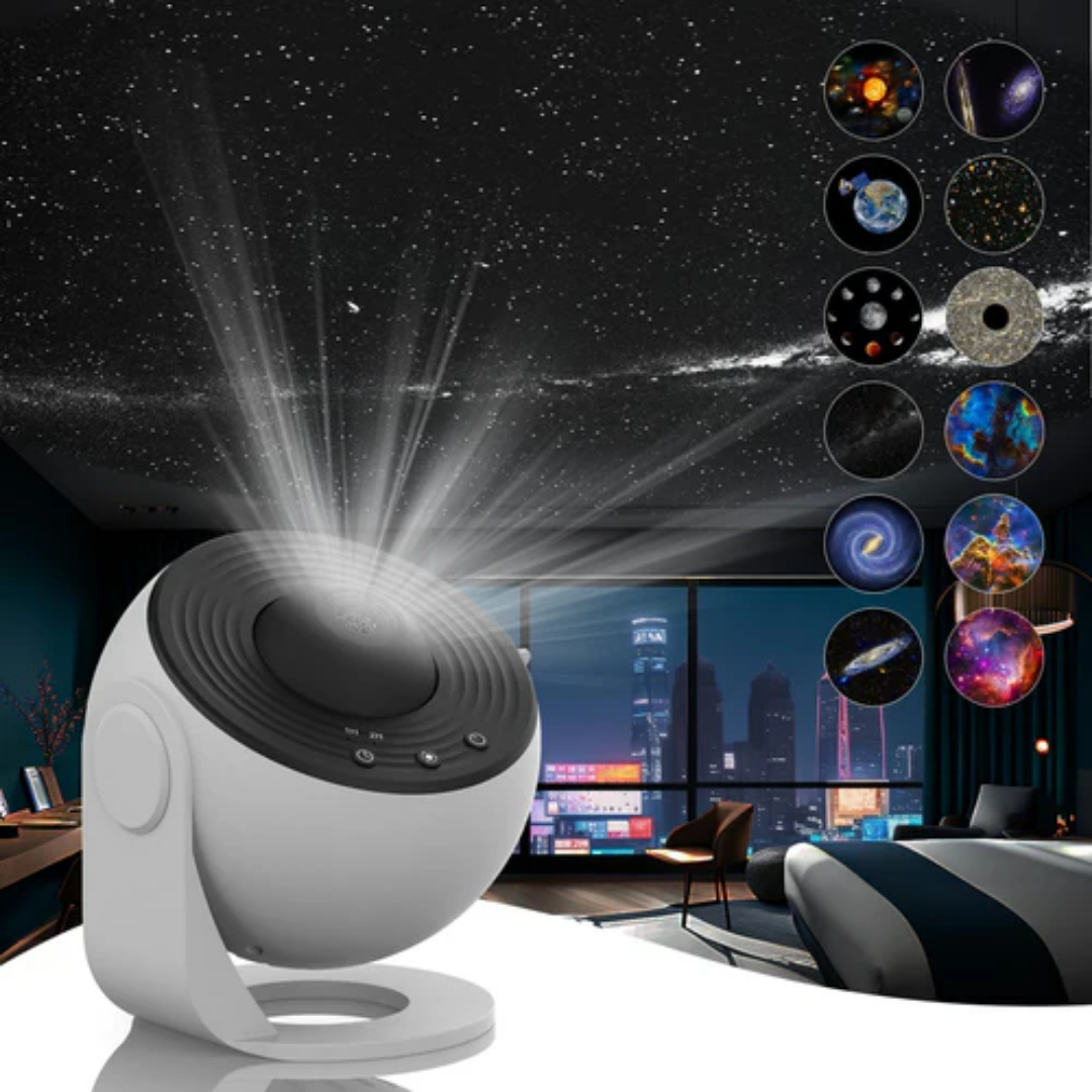 Proyector de galaxias Celestial Dreams con luz estelar giratoria 360° y películas HD