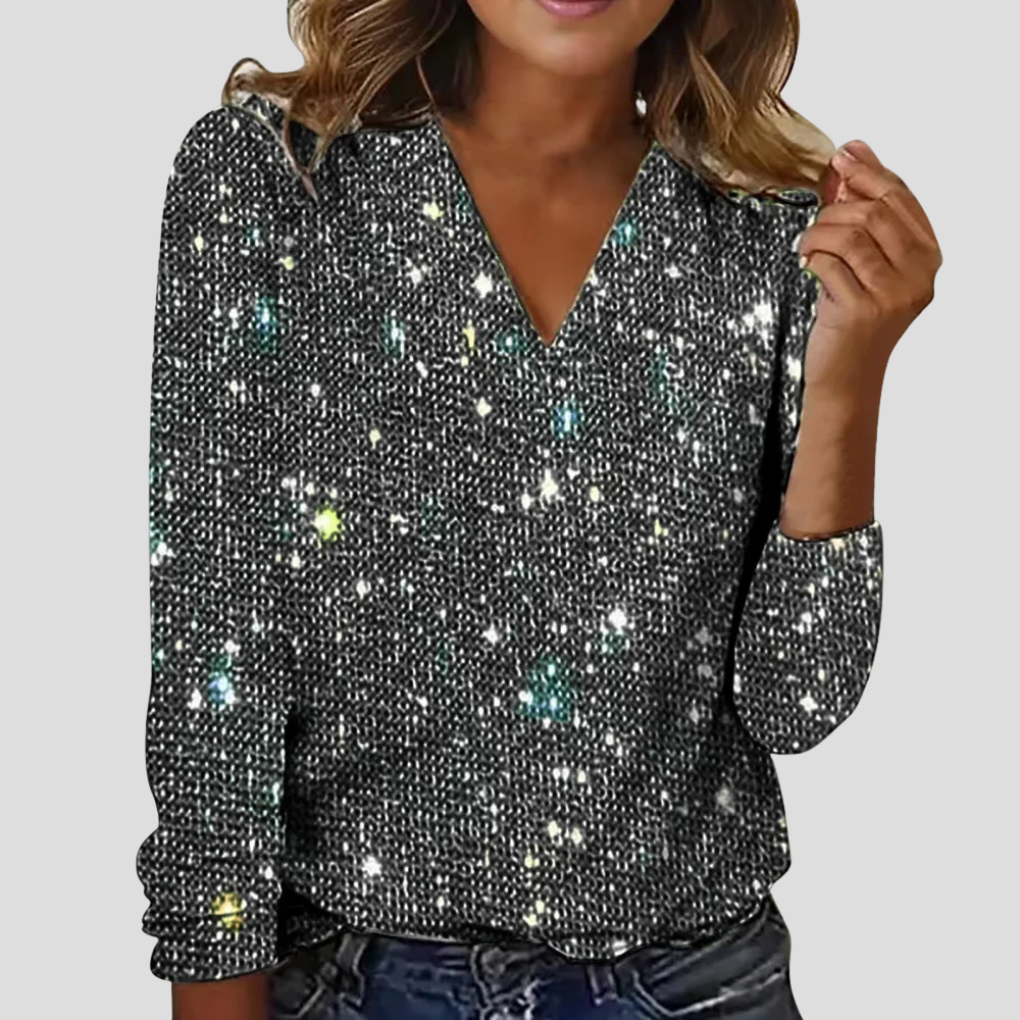 Blusa elegante con cuello en V y brillo, mangas largas