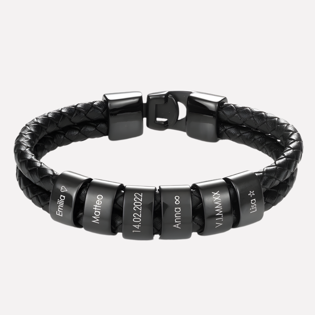 Pulsera Negra para Hombre con Cuentas Grabadas