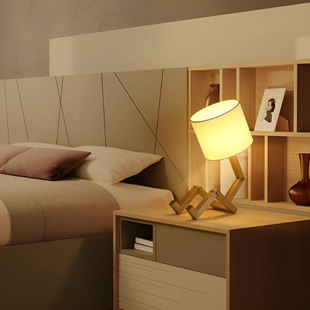 Moderne verstellbare Holz Tischlampe mit Stoffschirm 1-Flammig