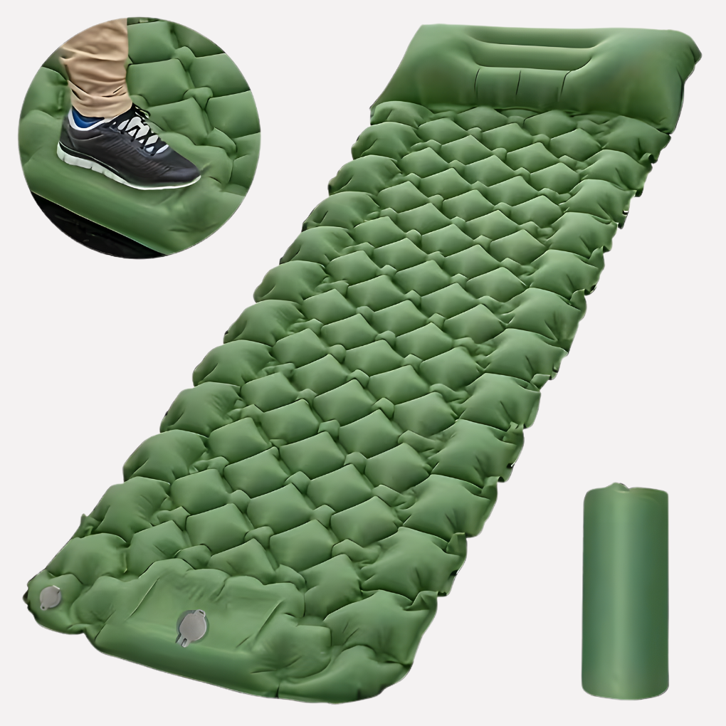 Aufblasbare Campingmatte mit integrierter Pumpe und Kissen