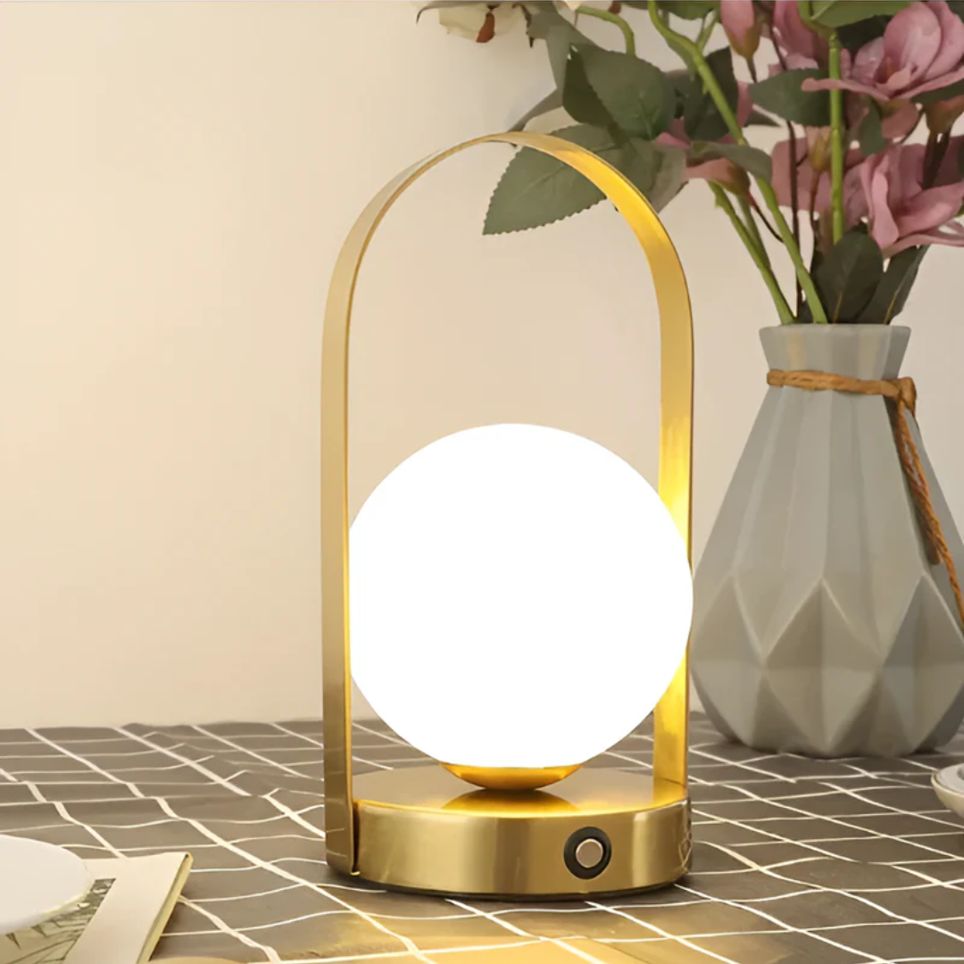 Lampada da tavolo moderna ricaricabile LED in metallo e vetro a globo 1 luce