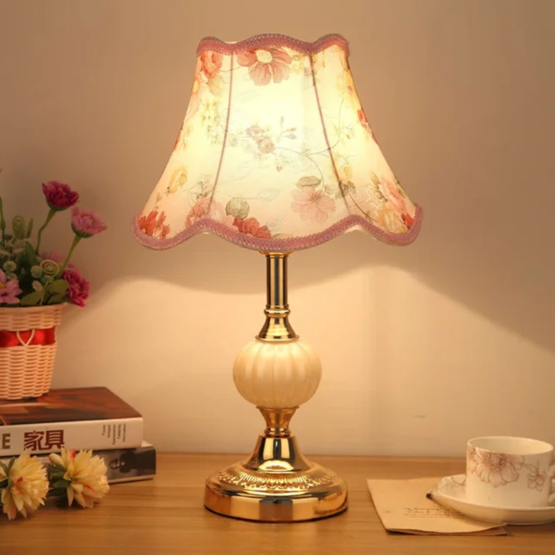 Vintage florale Stoff runde Tischlampe mit Glasfuß 1-Flammig