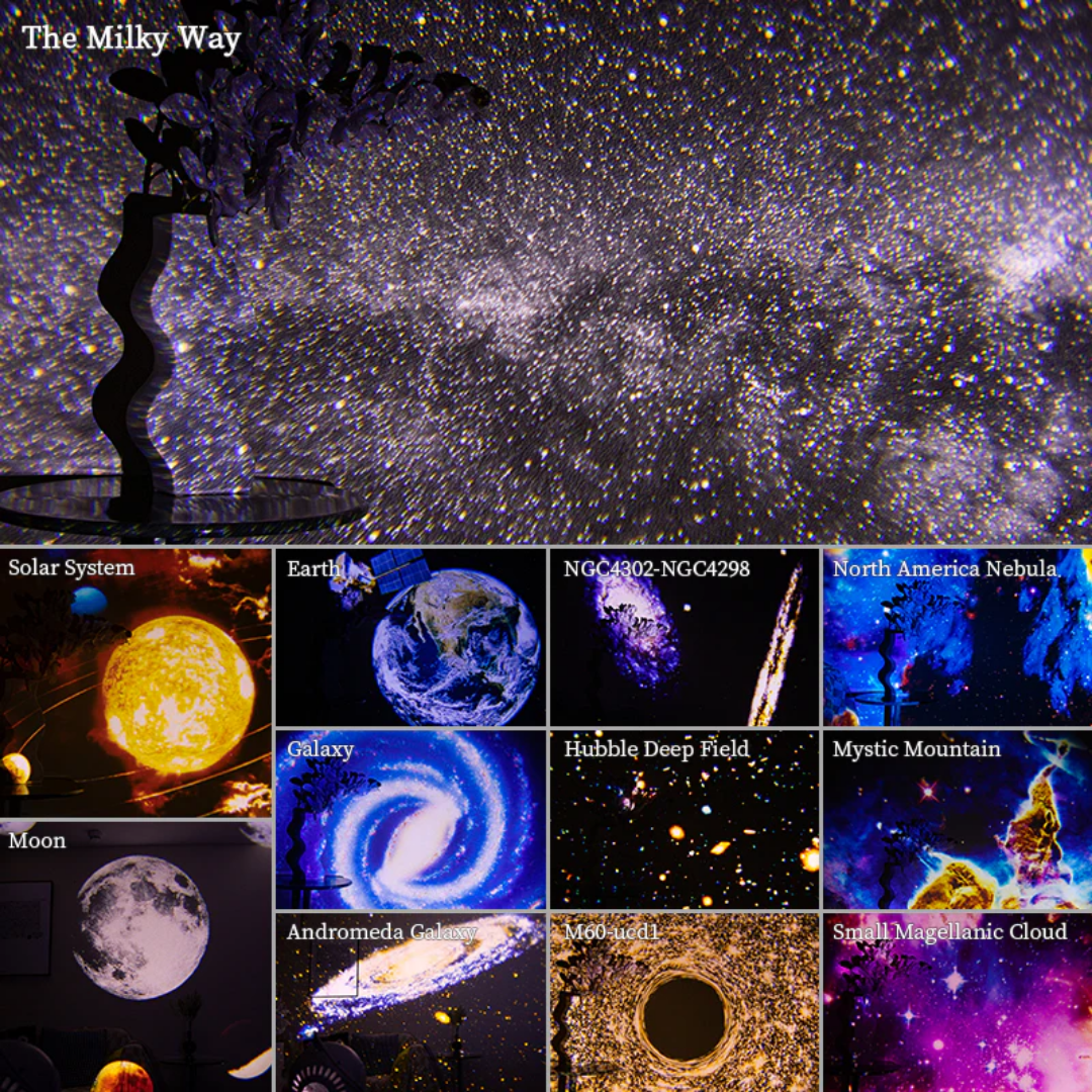 Proyector de galaxias Celestial Dreams con luz estelar giratoria 360° y películas HD