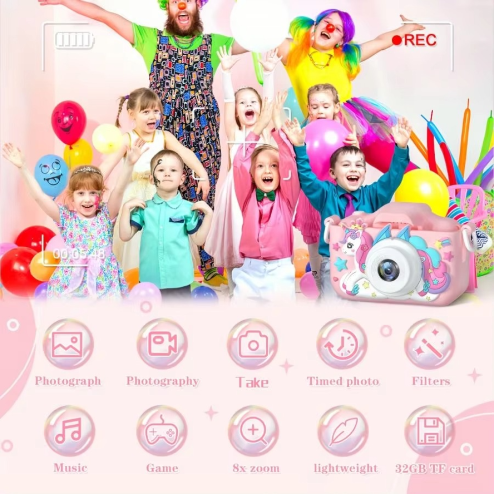 Fotocamera per bambini Unicorn HD con batteria ricaricabile da 32GB - Scatta foto e video fantastici!