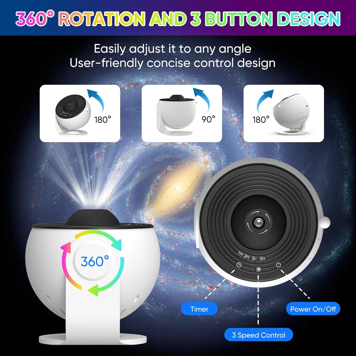 Proyector de galaxias Celestial Dreams con luz estelar giratoria 360° y películas HD