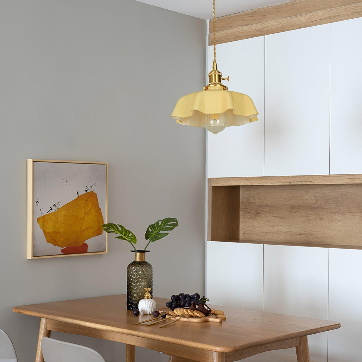 French Ruffled Glass Brass Pendant Light 1-Light