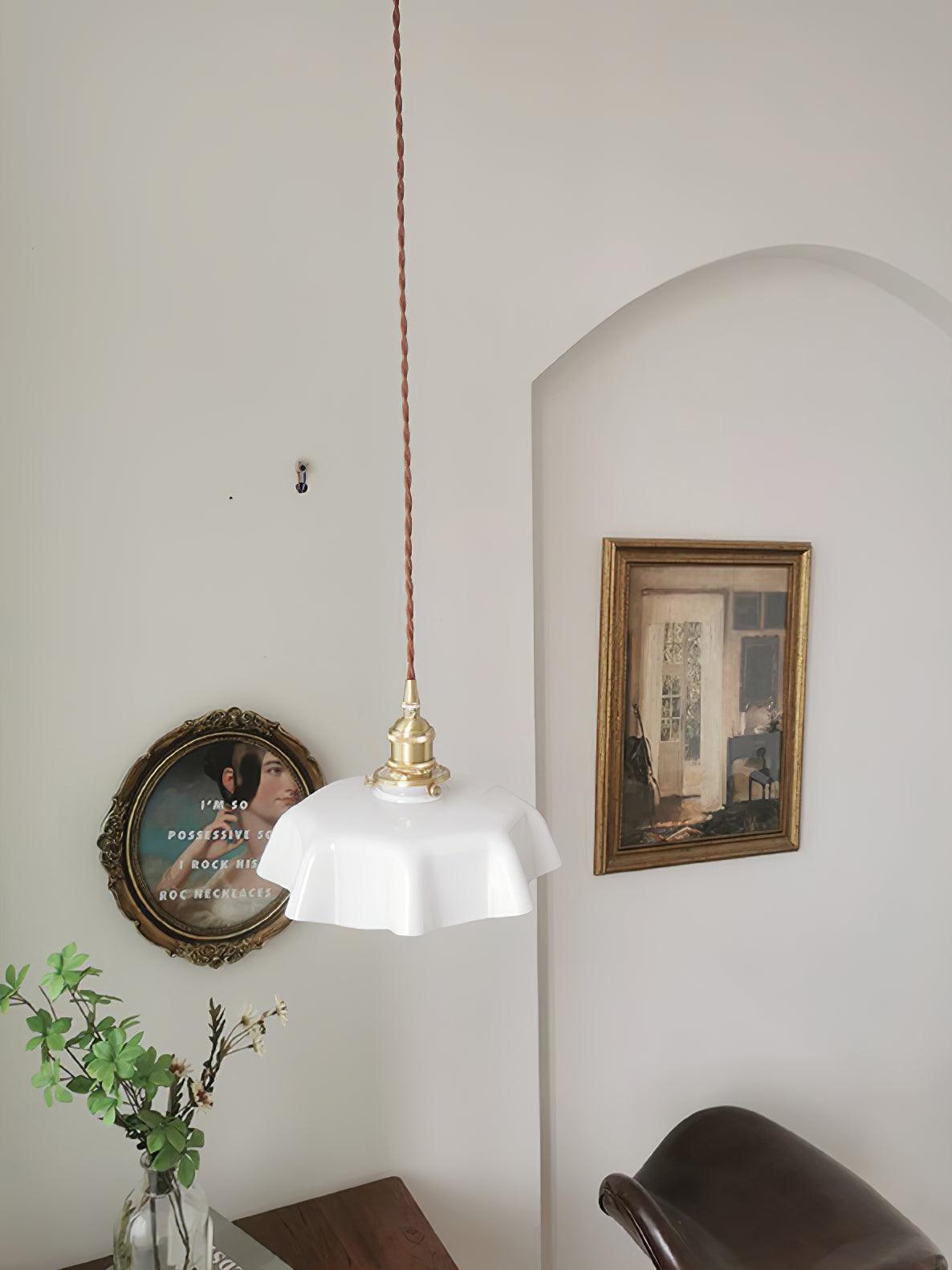 French Ruffled Glass Brass Pendant Light 1-Light