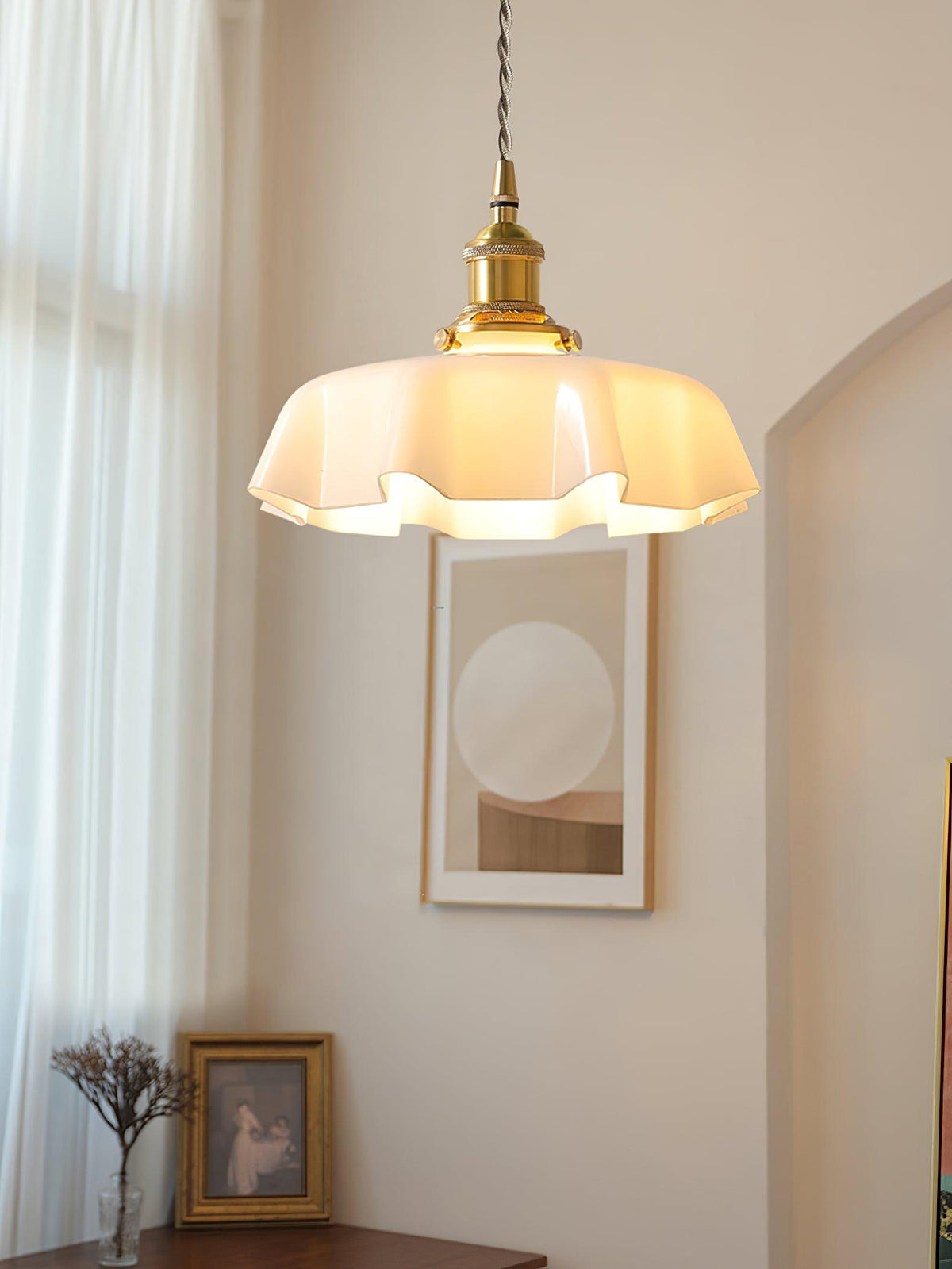 French Ruffled Glass Brass Pendant Light 1-Light