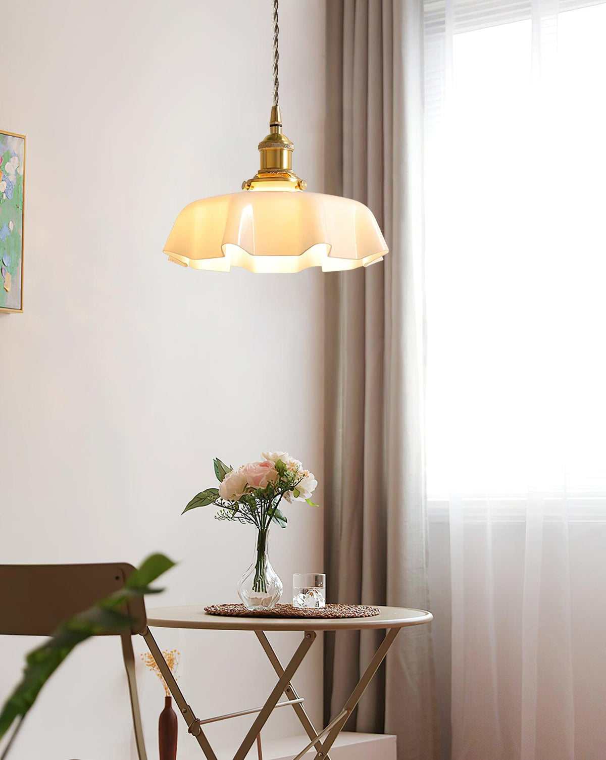 French Ruffled Glass Brass Pendant Light 1-Light