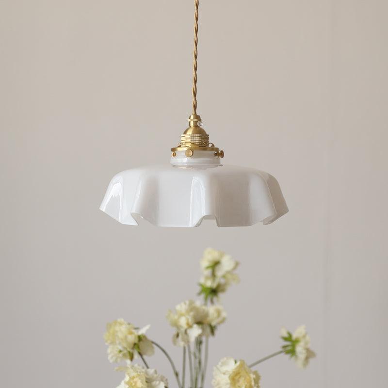 French Ruffled Glass Brass Pendant Light 1-Light