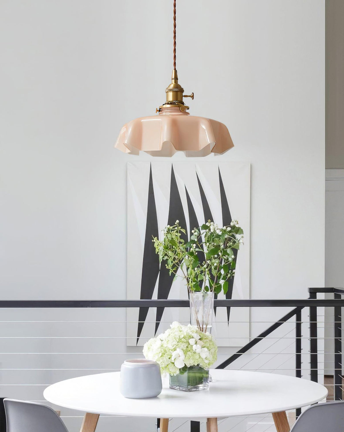French Ruffled Glass Brass Pendant Light 1-Light
