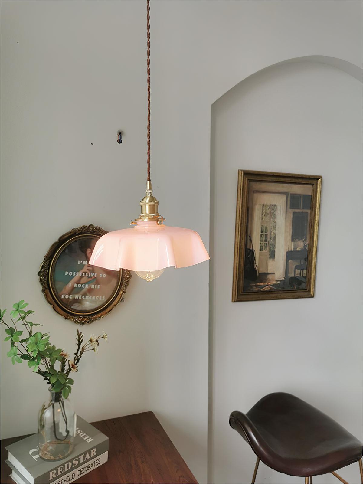 French Ruffled Glass Brass Pendant Light 1-Light