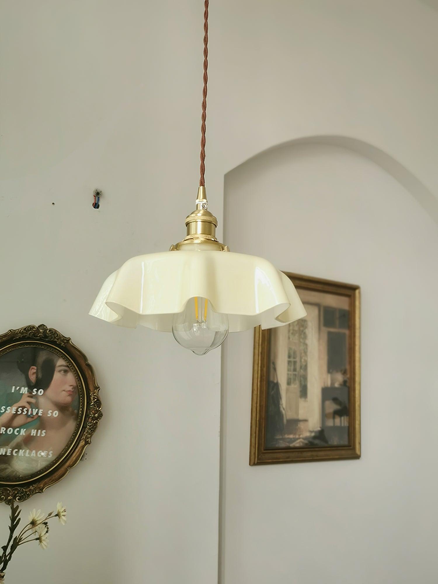 French Ruffled Glass Brass Pendant Light 1-Light