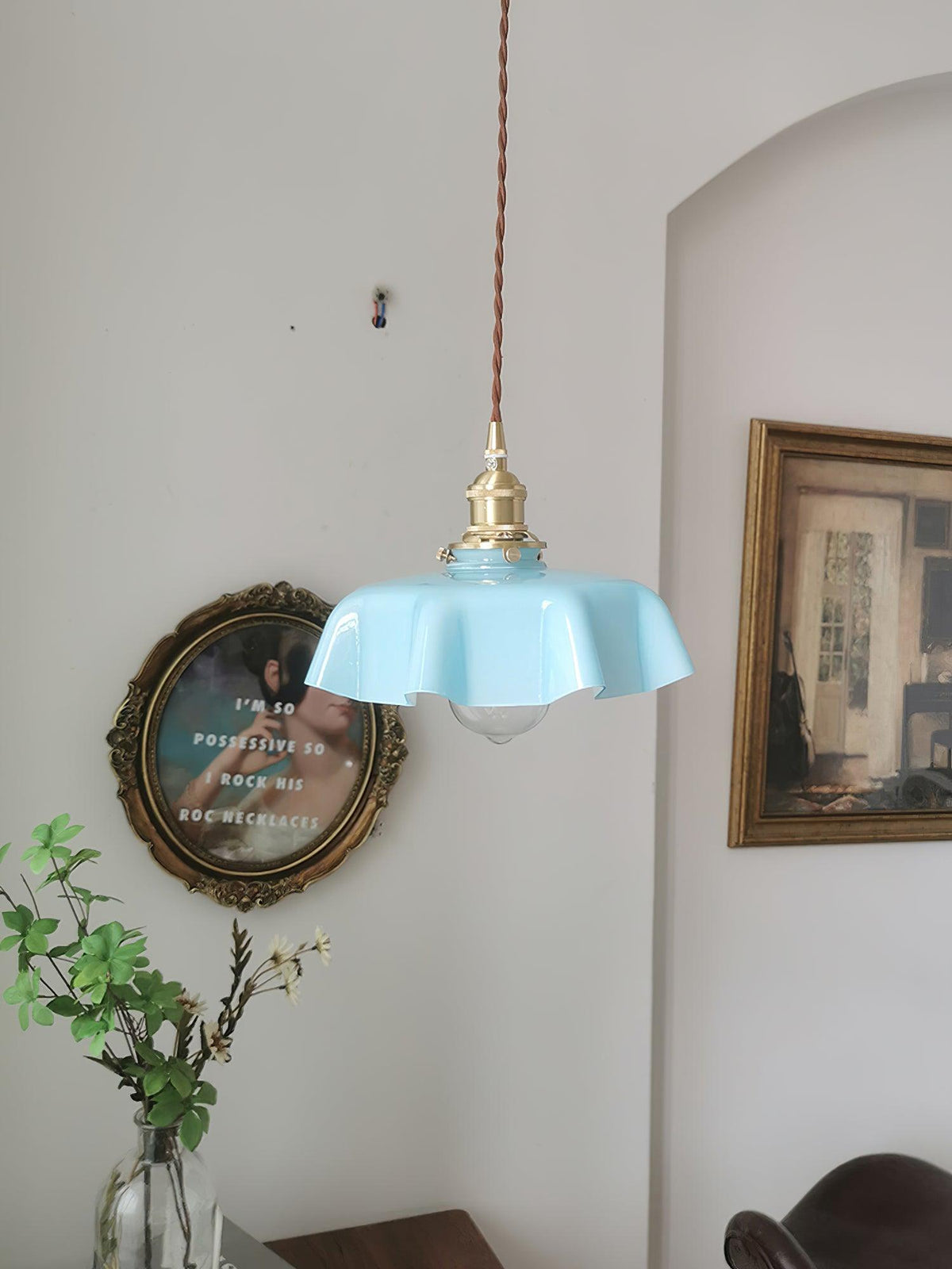 French Ruffled Glass Brass Pendant Light 1-Light