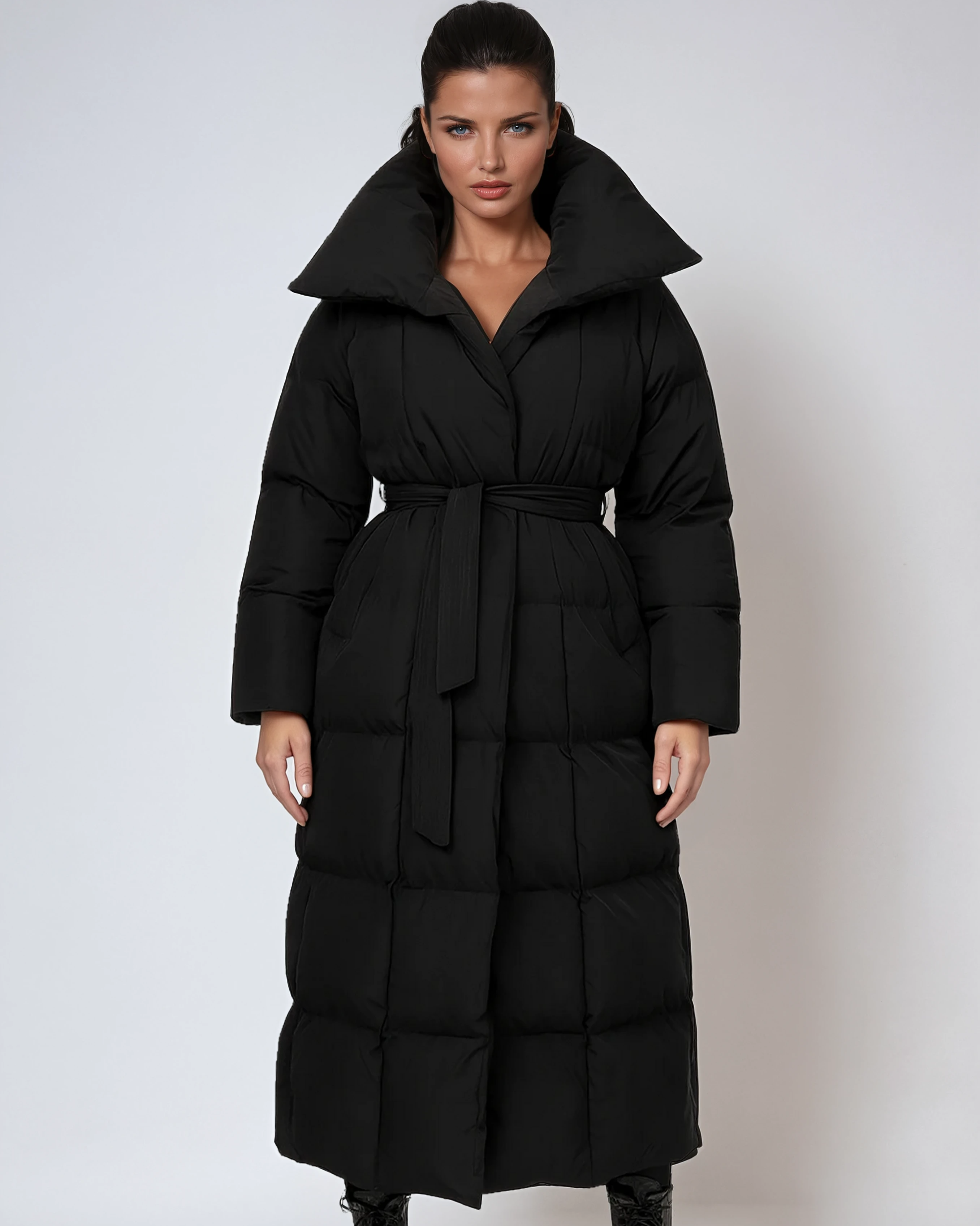 WOMEN’S LONG PUFFER COAT | BLACK MAXI BELTED WINTER JACKET