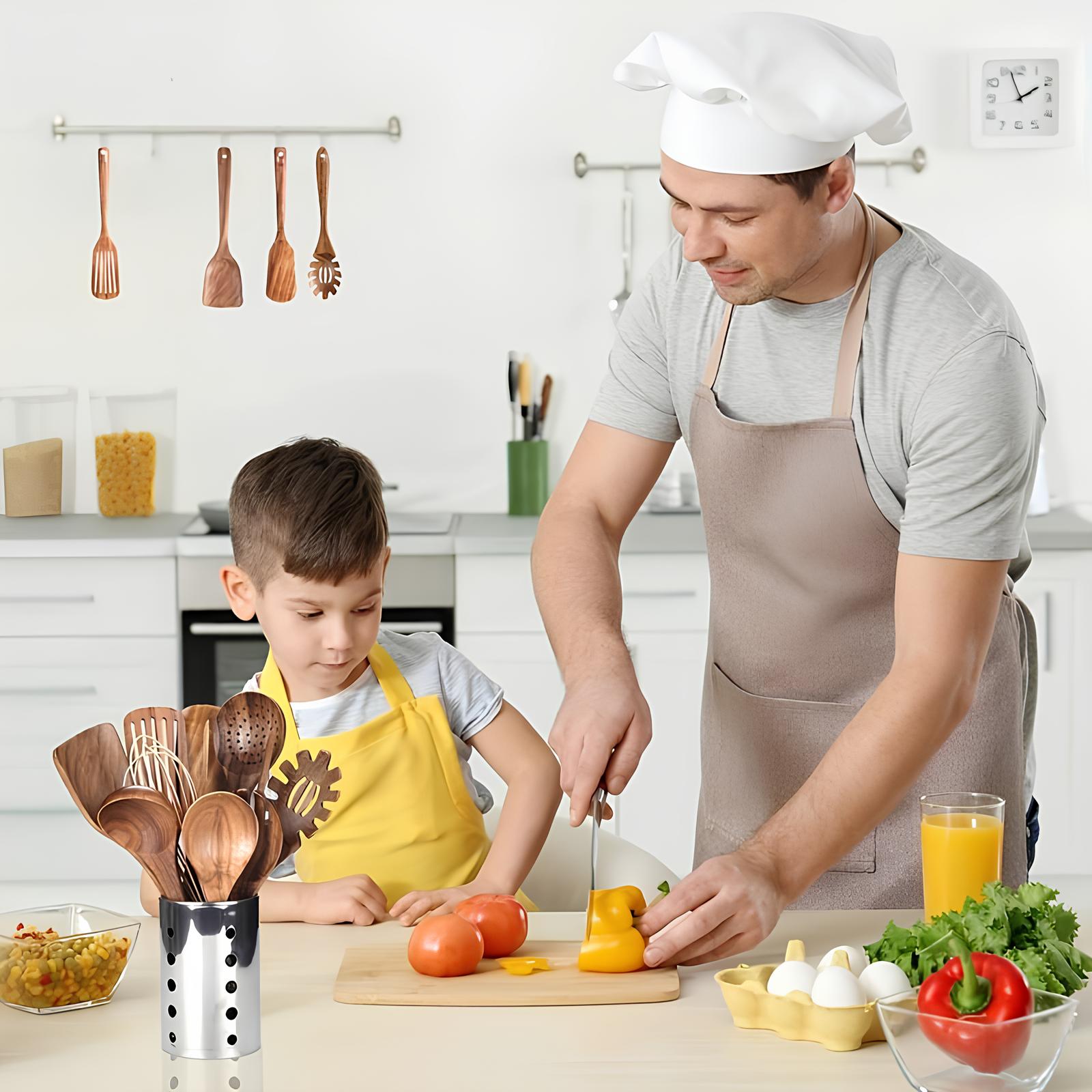 11-Piece Teak Wood Kitchen Utensil Set | Natural Wooden Cooking Tools with Holder