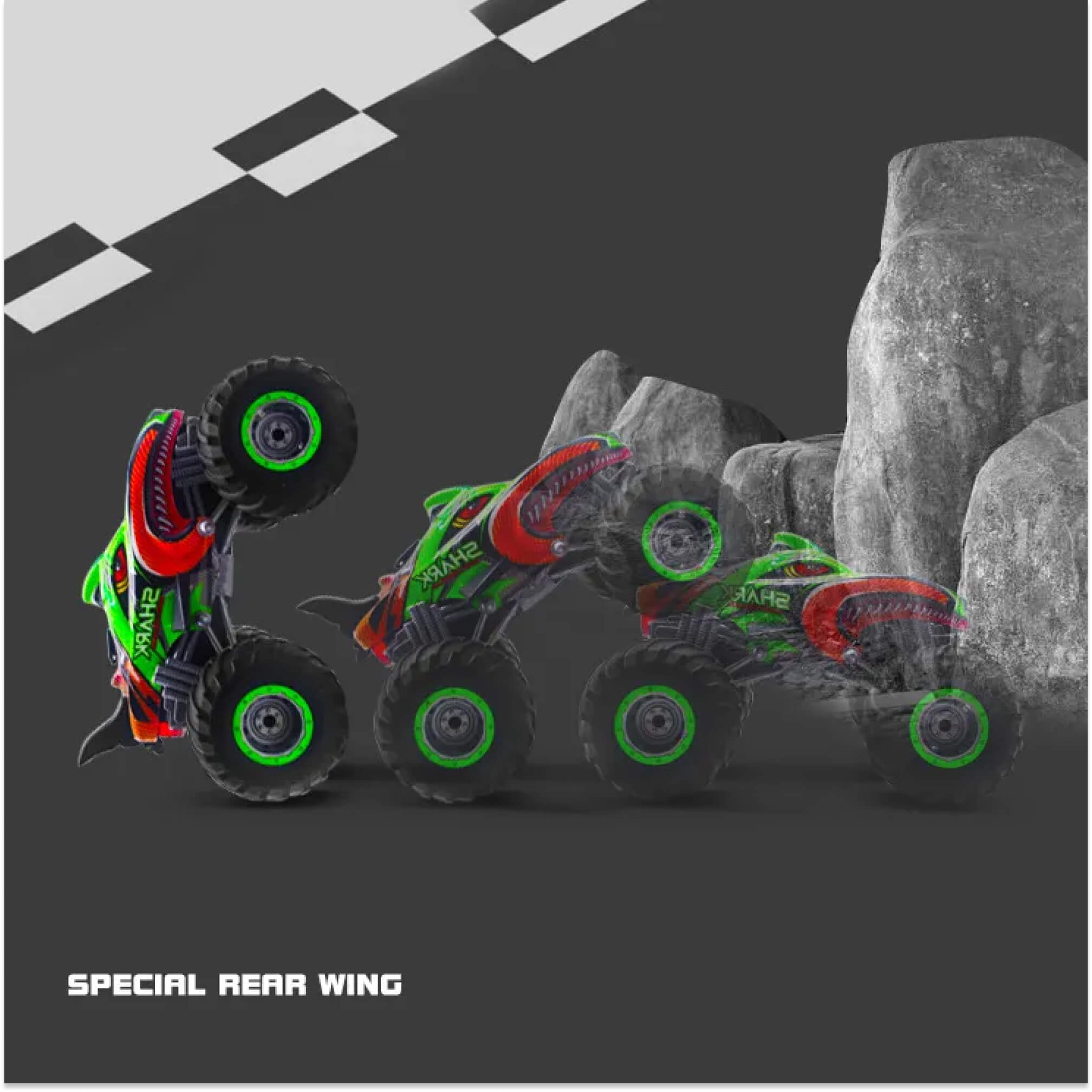 Camión monstruo todoterreno RC 4x4 – Coche de control remoto para escalar rocas y derrapar (diseño Shark Digger)