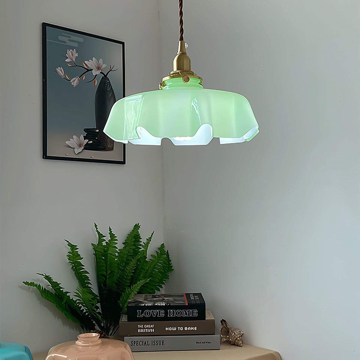 French Ruffled Glass Brass Pendant Light 1-Light