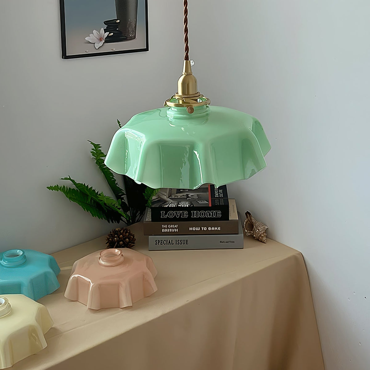 French Ruffled Glass Brass Pendant Light 1-Light