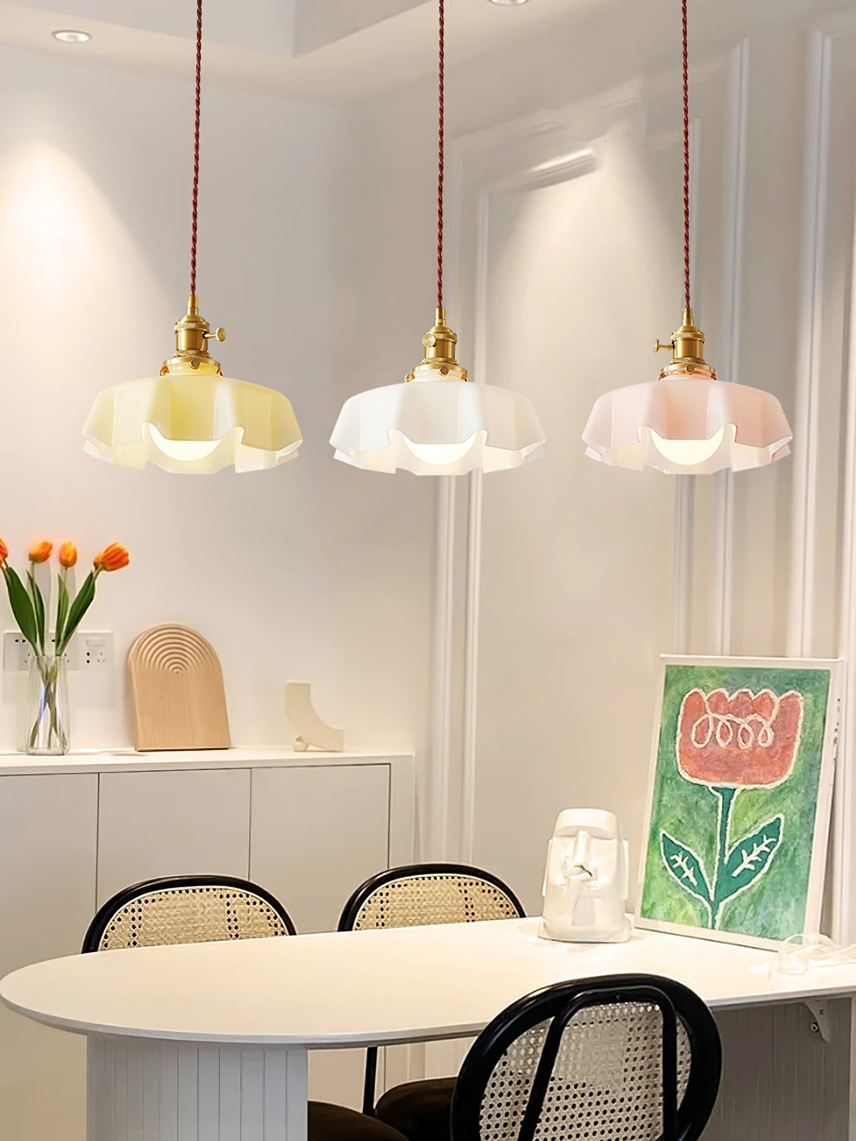 French Ruffled Glass Brass Pendant Light 1-Light