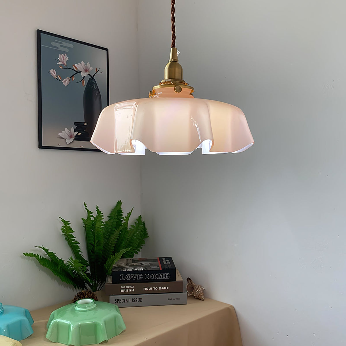 French Ruffled Glass Brass Pendant Light 1-Light
