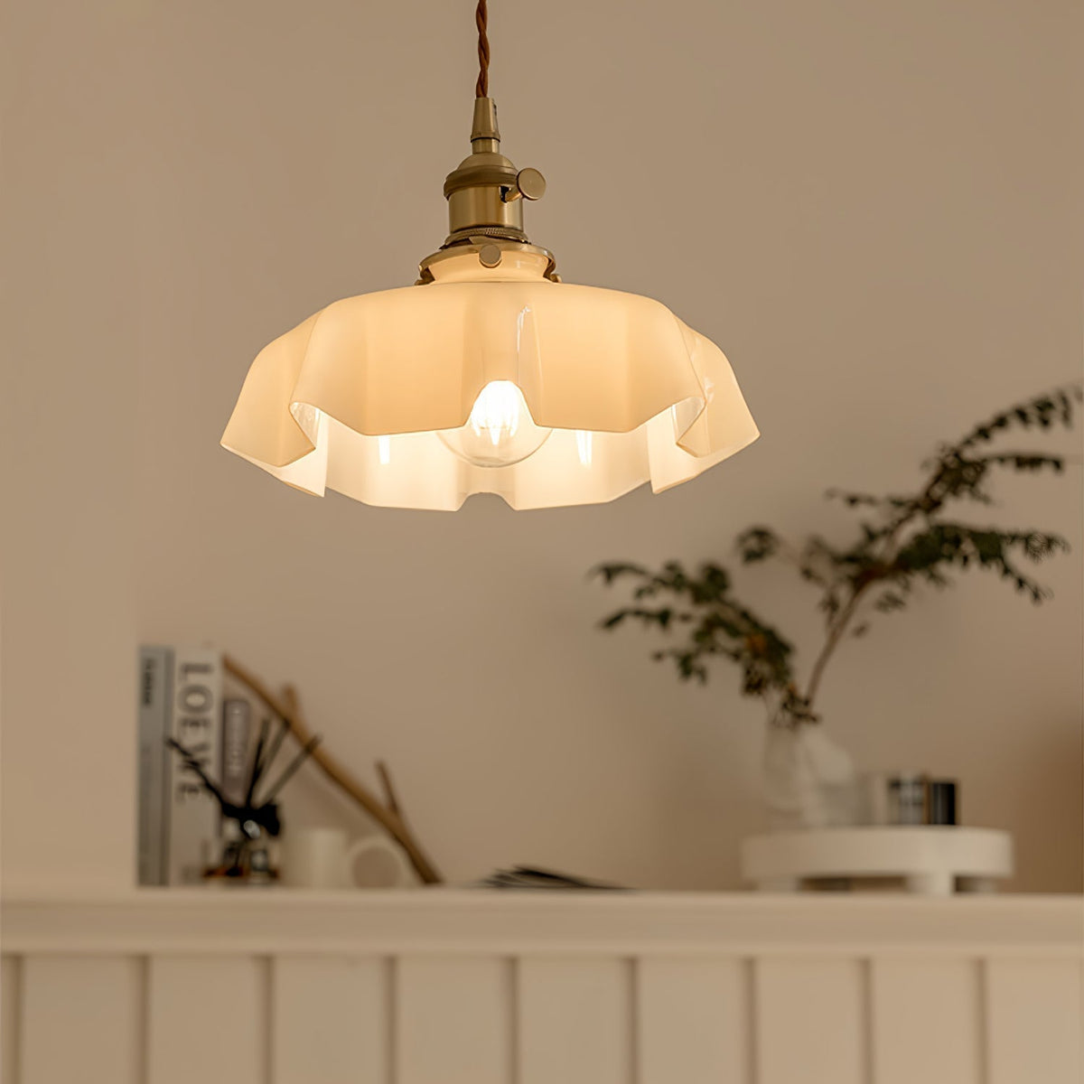 French Ruffled Glass Brass Pendant Light 1-Light