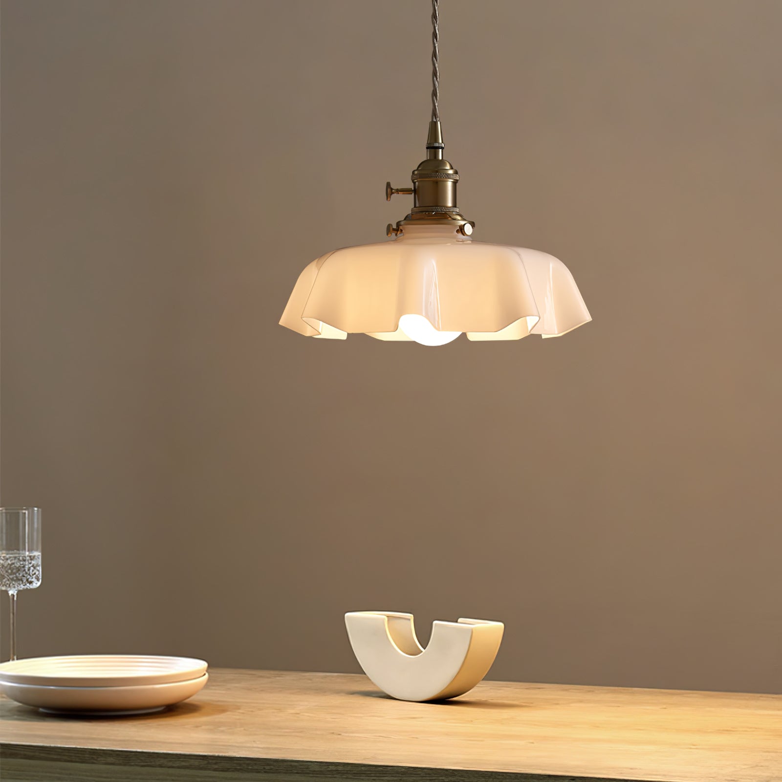 French Ruffled Glass Brass Pendant Light 1-Light