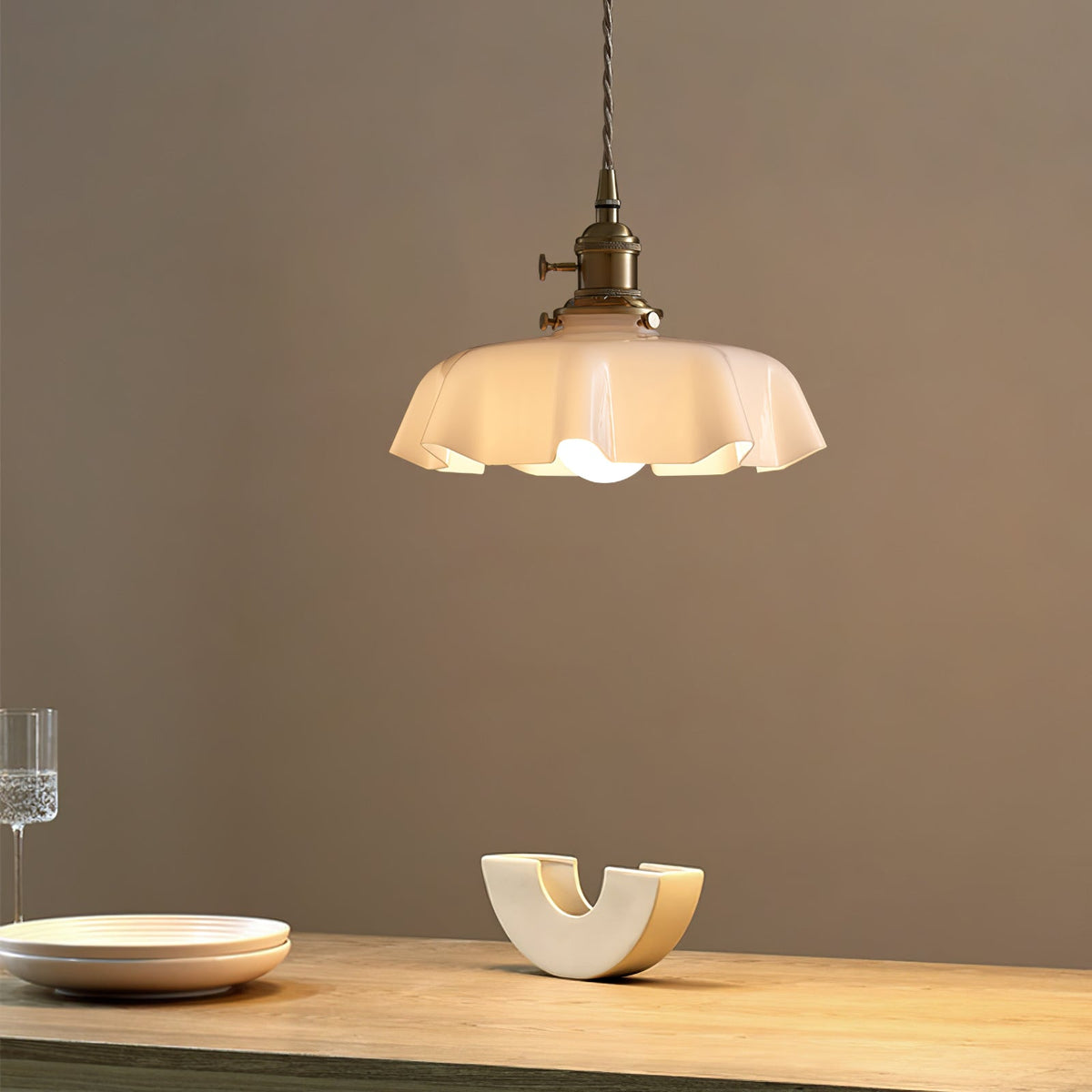 French Ruffled Glass Brass Pendant Light 1-Light