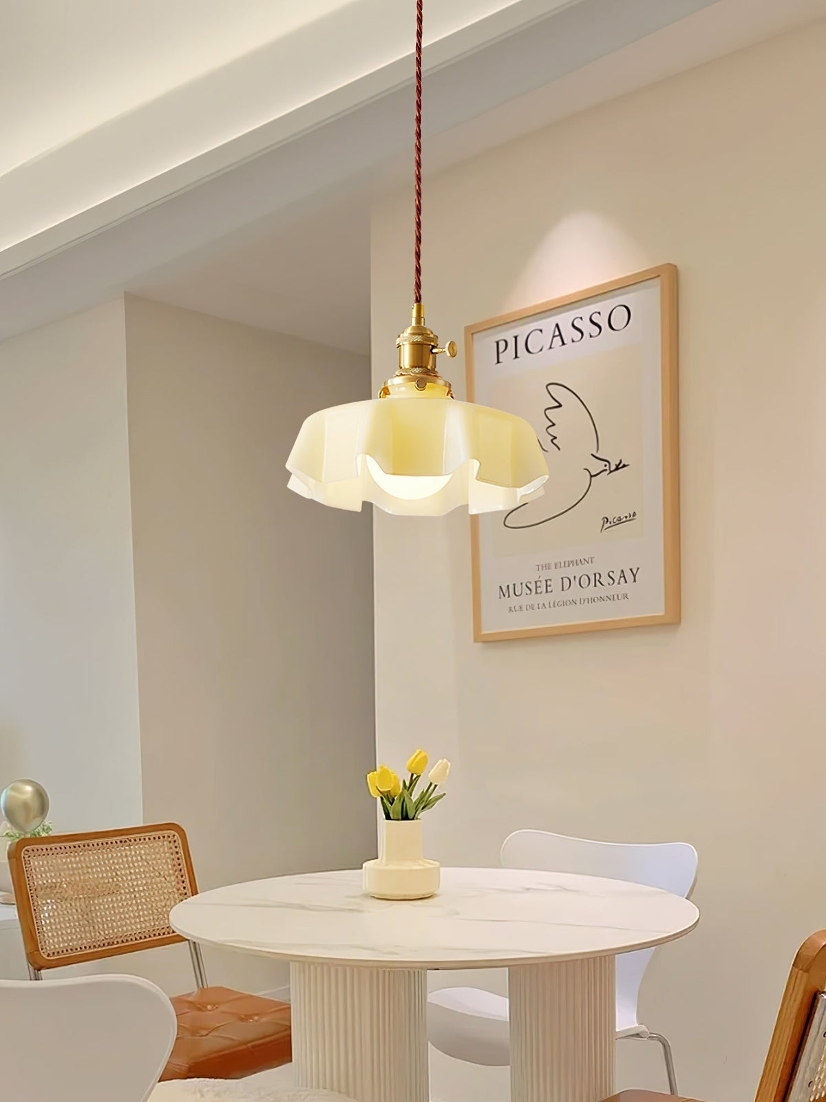 French Ruffled Glass Brass Pendant Light 1-Light