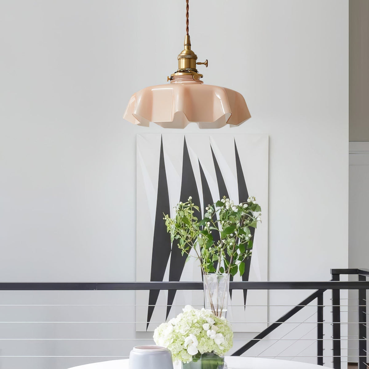 French Ruffled Glass Brass Pendant Light 1-Light