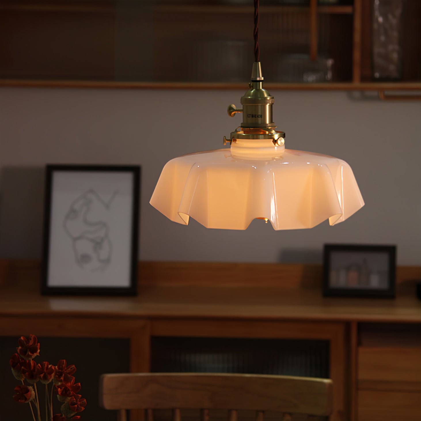 French Ruffled Glass Brass Pendant Light 1-Light