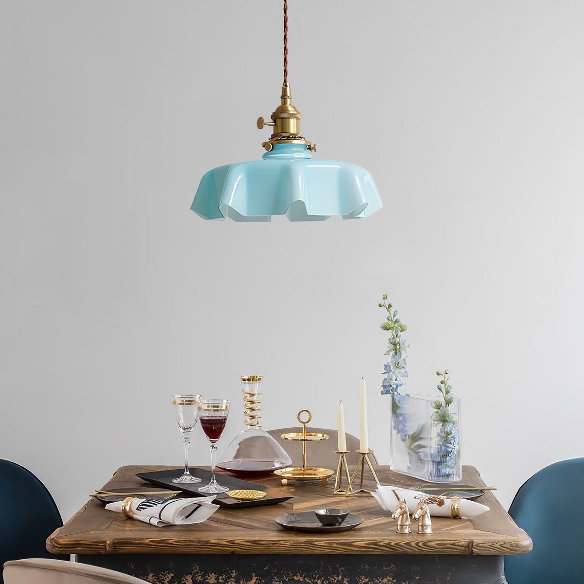 French Ruffled Glass Brass Pendant Light 1-Light