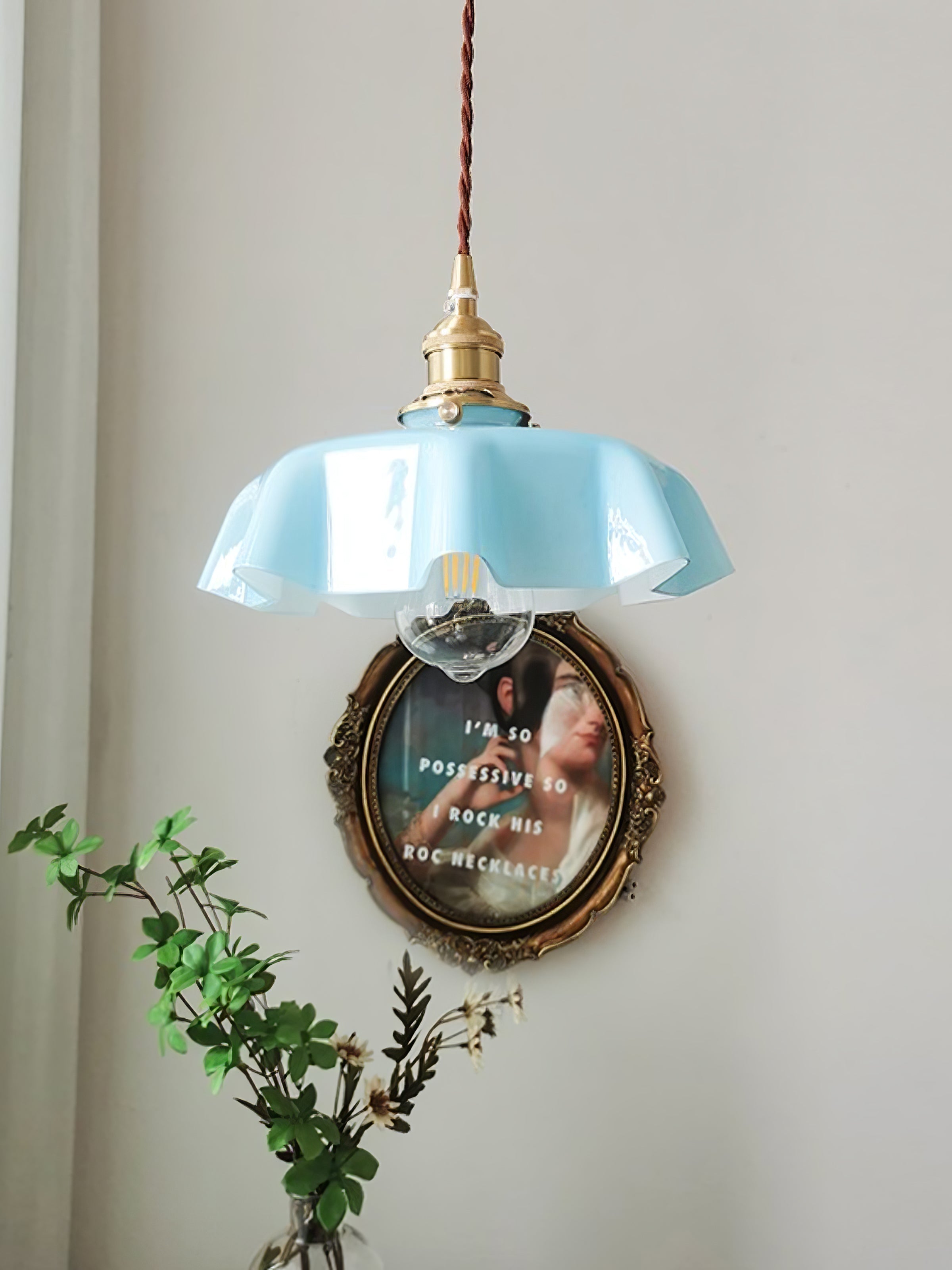 French Ruffled Glass Brass Pendant Light 1-Light