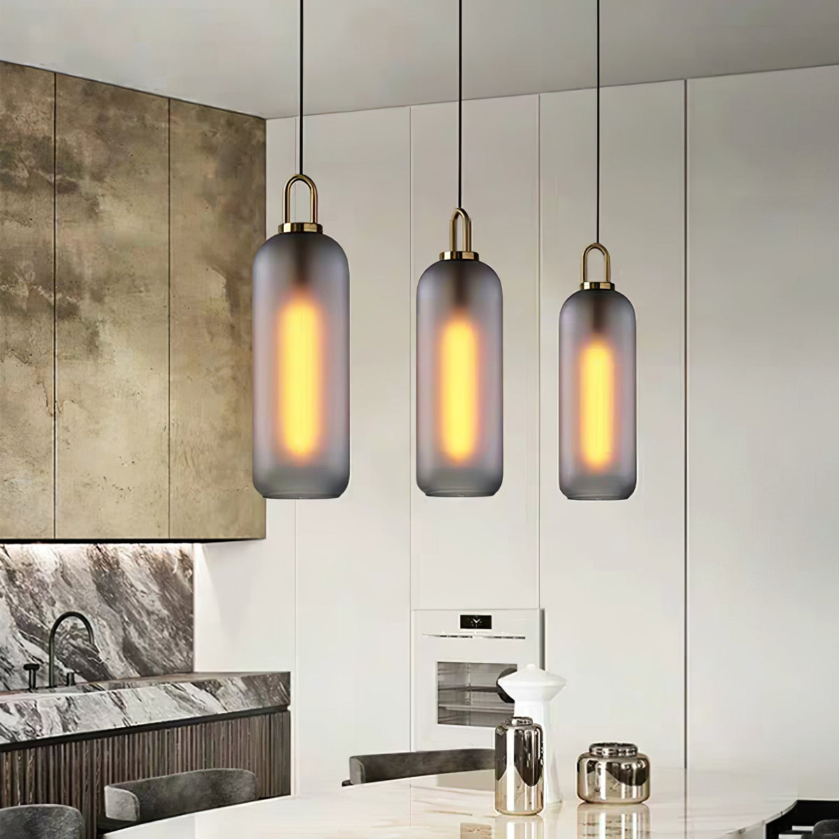 Lampadario moderno cilindrico in vetro e ottone a 1 luce