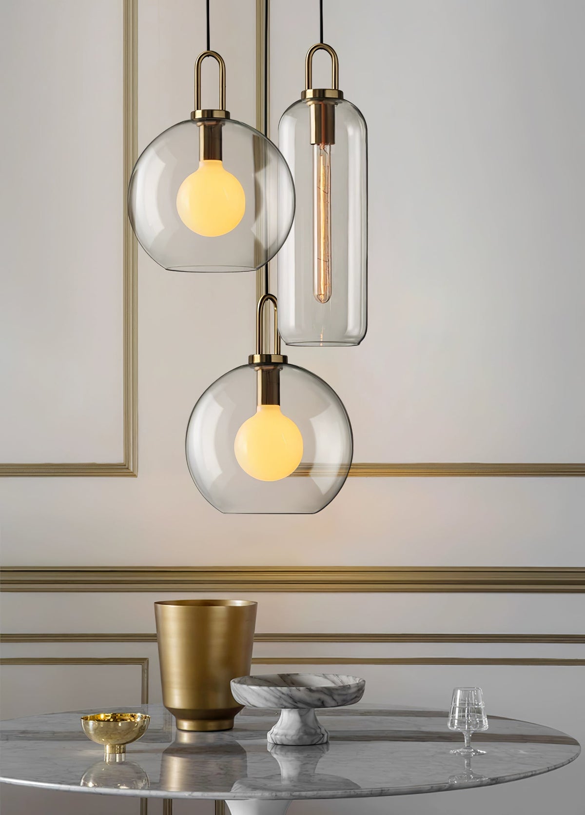 Lampadario moderno cilindrico in vetro e ottone a 1 luce